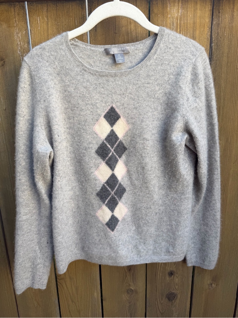 Cashmere by Charter Club Crewneck Argyle Sweater - Light Gray size Medium